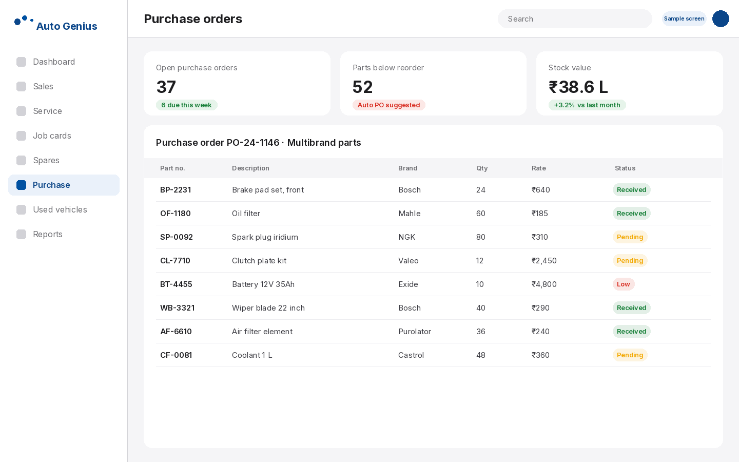 Auto Genius purchase order screen for a multibrand workshop