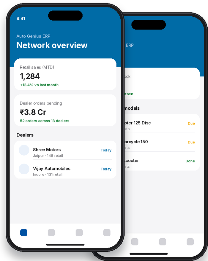 AutoGenius ERP app screens