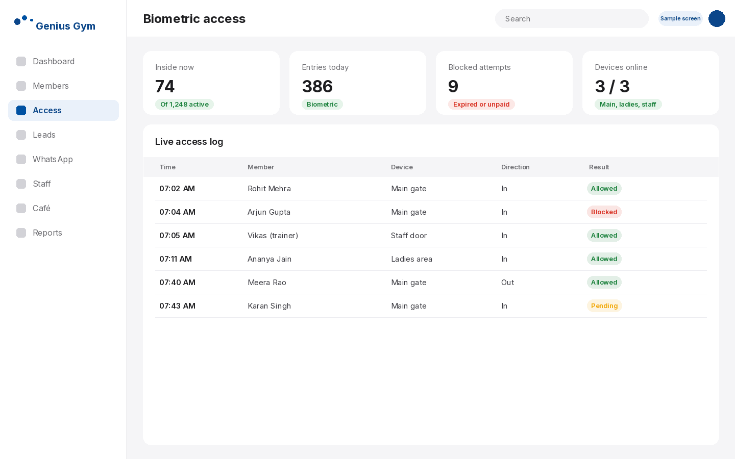 Genius Gym live biometric access log showing allowed and blocked entries