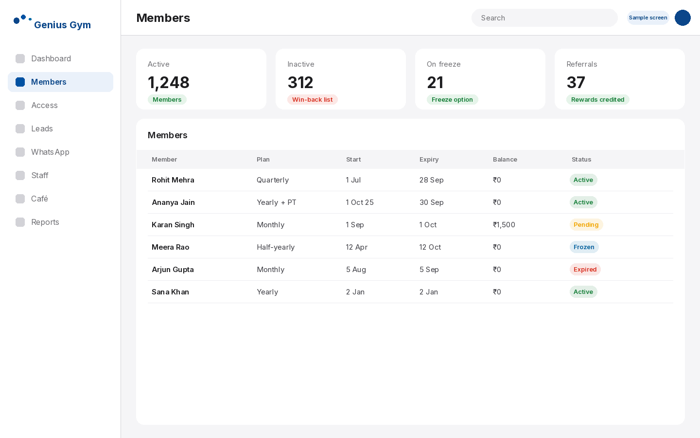 Genius Gym member list with plans, expiry dates, balances and freeze status