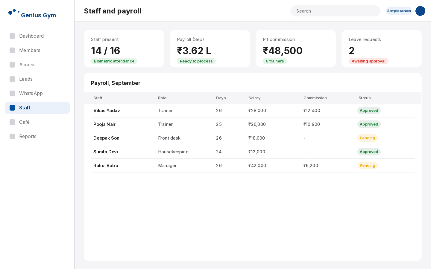 Genius Gym staff payroll with attendance days, salary and trainer commission