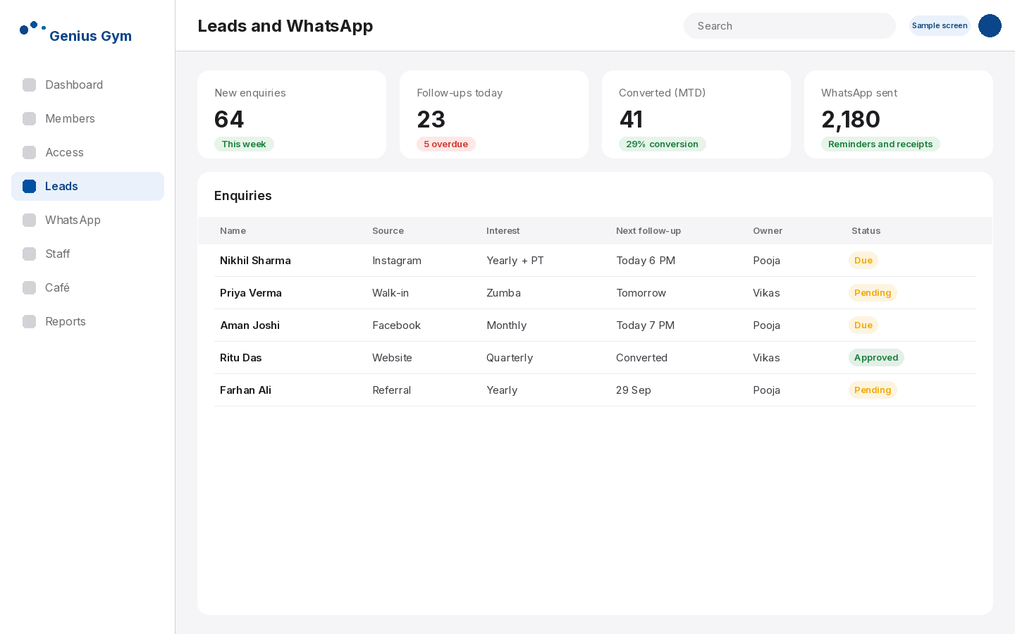 Genius Gym enquiry list with sources, follow-up dates and WhatsApp messages sent