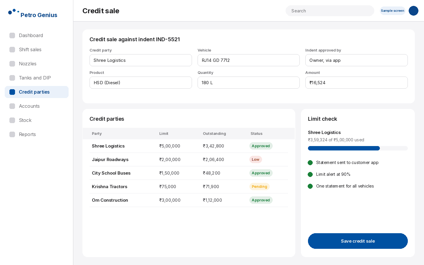 Petro Genius credit sale against an indent, with the party's credit limit check