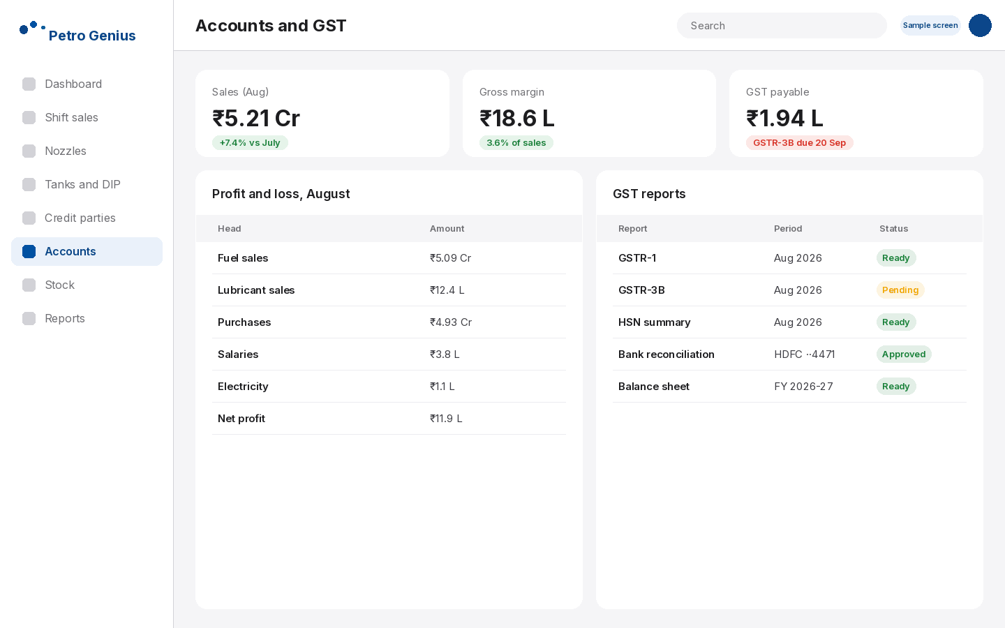 Petro Genius profit and loss and GST reports