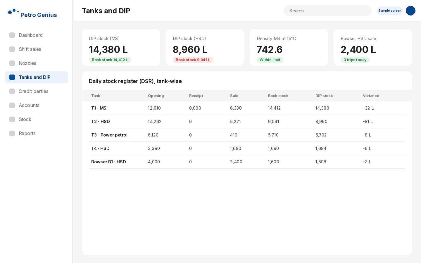 Petro Genius daily stock register (DSR) comparing tank DIP stock with book stock