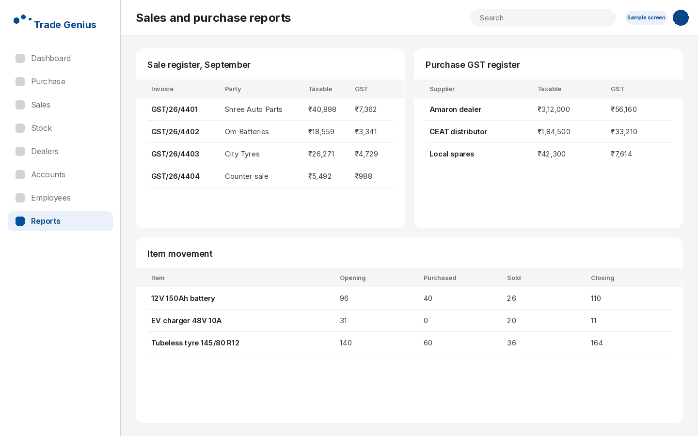 Trade Genius sale register, purchase GST register and item movement report
