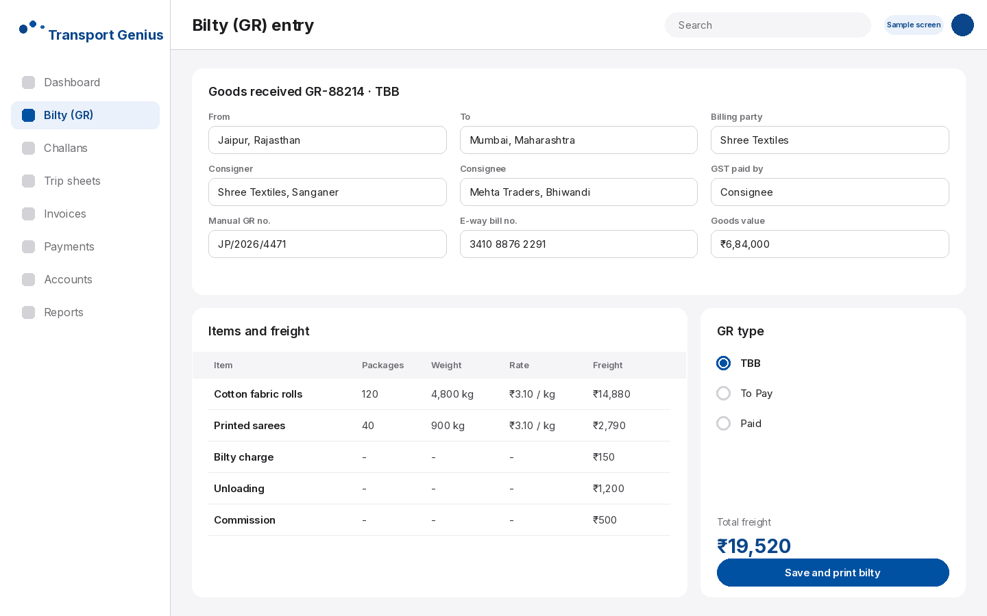 Transport Genius bilty (GR) entry with consigner, consignee, e-way bill and freight