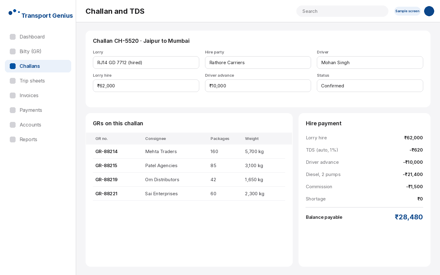 Transport Genius challan with several GRs and the lorry hire payment after TDS, advance and diesel