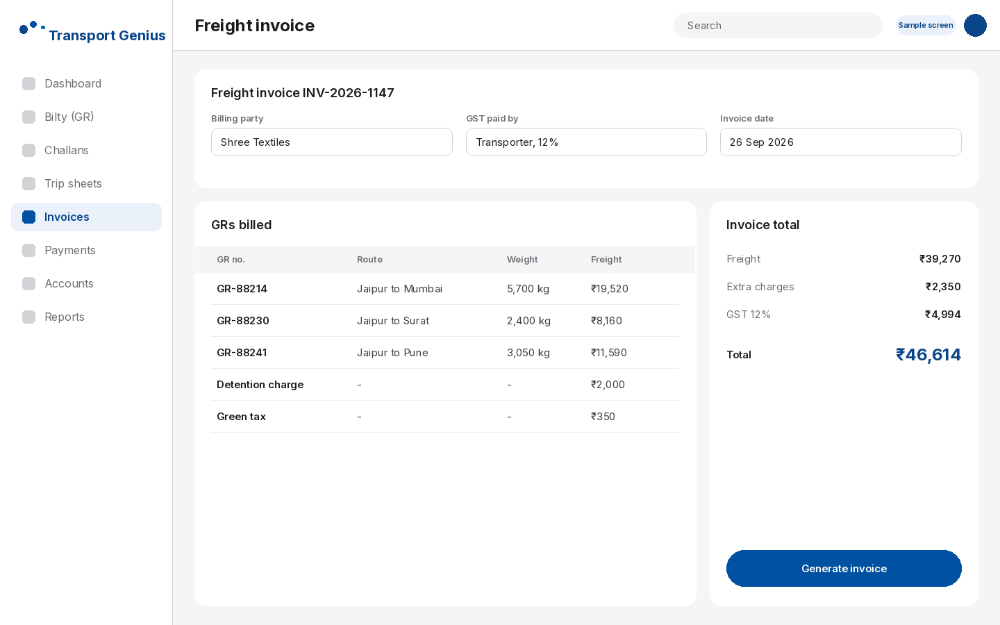 Transport Genius freight invoice covering several GRs with extra charges and GST