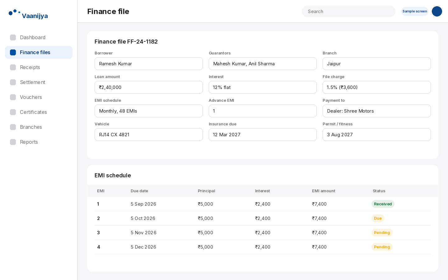 Vaanijya finance file with guarantors, interest mode, file charge and EMI schedule