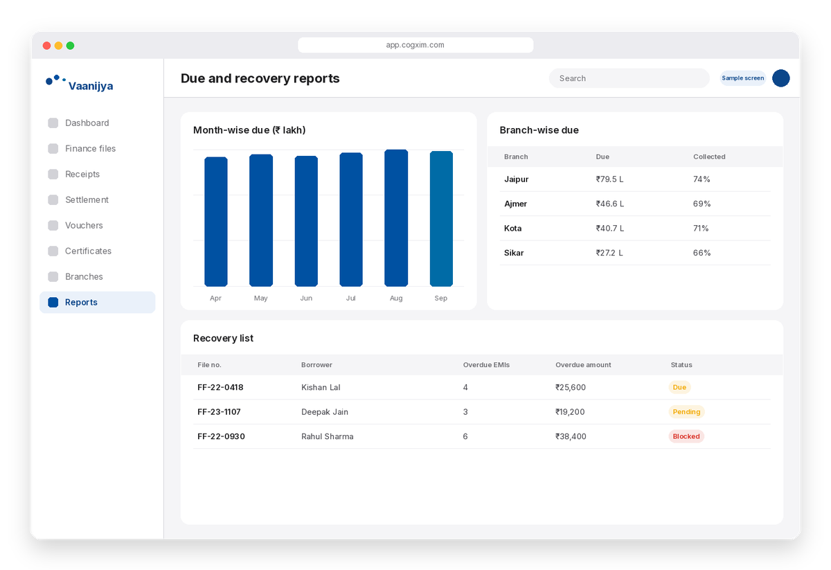 Vaanijya screen showing EMI dues, collections and recovery reports